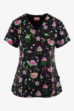 Zavate Ava Therese One In A Melon Sea Life Women's 2-Pocket STRETCH V-Neck Print Scrub Top