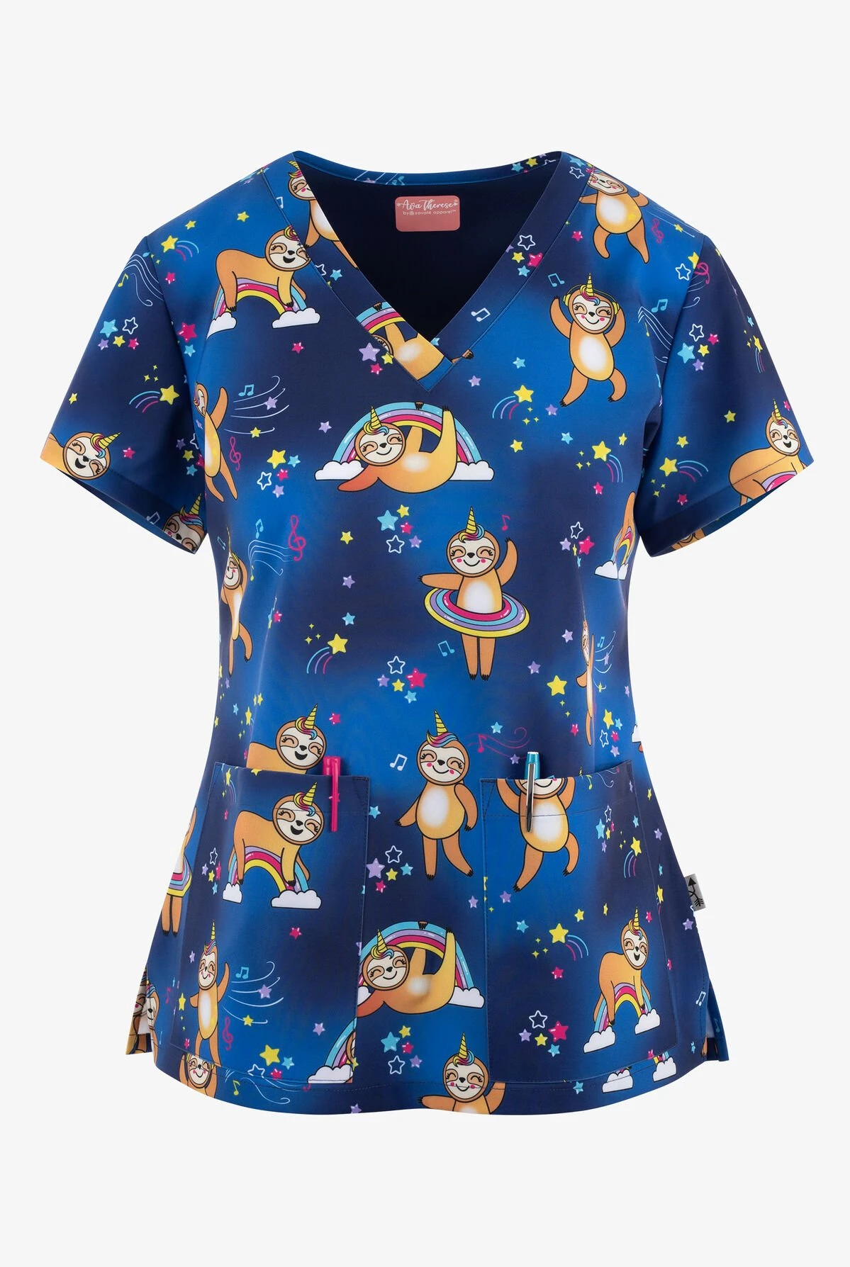 Zavate Ava Therese Unicorn Sloth Squad Women's 2-Pocket STRETCH V-Neck Print Scrub Top 3 Zavate Ava Therese Unicorn Sloth Squad Women's 2-Pocket STRETCH V-Neck Print Scrub Top