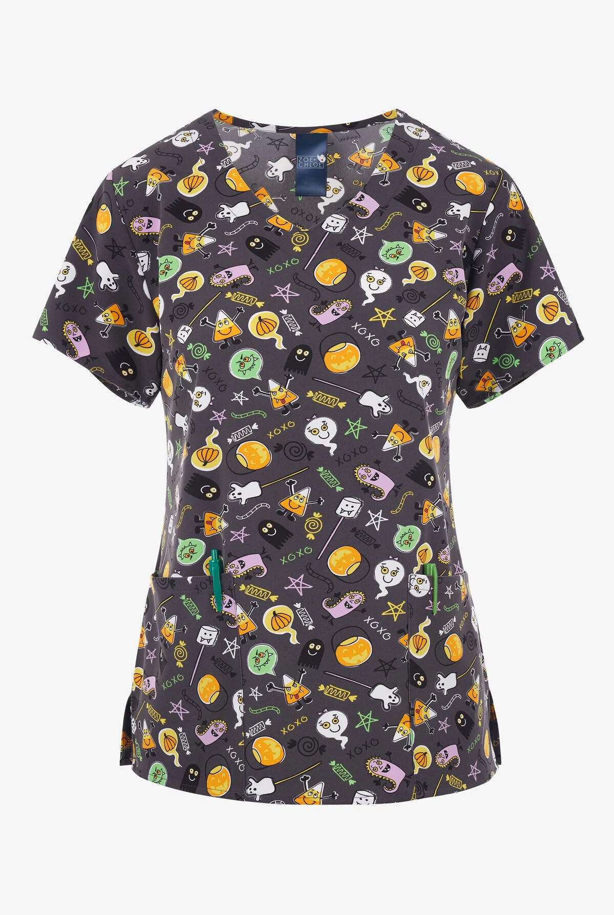 Zoe & Chloe Monster Bites Halloween Women's 2-Pocket STRETCH V-Neck Print ScrubTop 3 Zoe & Chloe Monster Bites Halloween Women's 2-Pocket STRETCH V-Neck Print ScrubTop