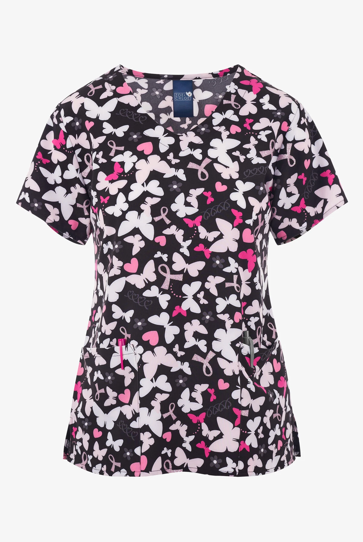 Zoe & Chloe Pink Flight Awareness Women's 2-Pocket STRETCH V-Neck Print Scrub Top 3 Zoe & Chloe Pink Flight Awareness Women's 2-Pocket STRETCH V-Neck Print Scrub Top