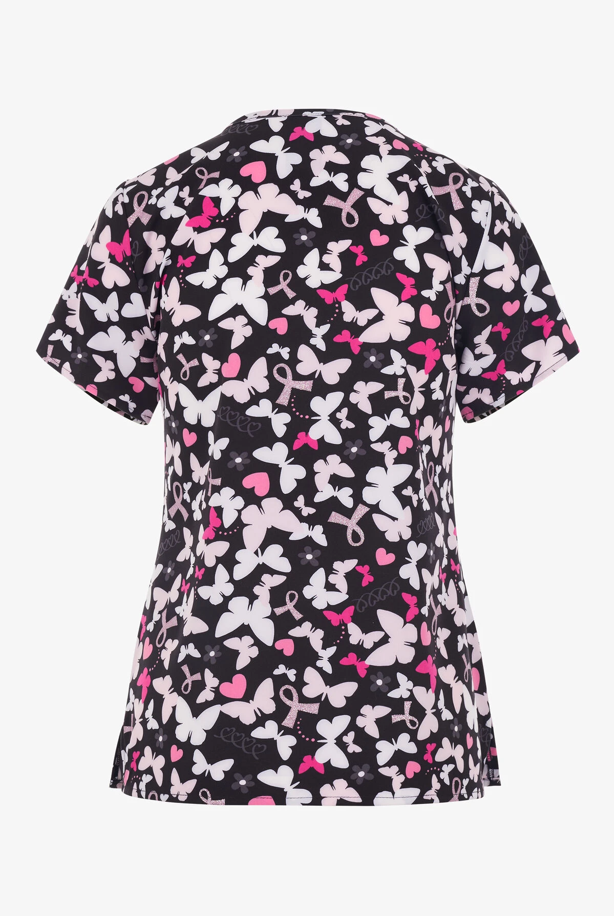 Zoe & Chloe Pink Flight Awareness Women's 2-Pocket STRETCH V-Neck Print Scrub Top 4 Zoe & Chloe Pink Flight Awareness Women's 2-Pocket STRETCH V-Neck Print Scrub Top - Image 2