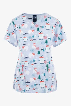 Zoe & Chloe Beary Merry Christmas Women's 2-Pocket STRETCH Notch Neck Print Scrub Top