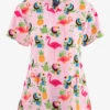 Zoe & Chloe Flamingo Stop Women's 2-Pocket STRETCH Notch Neck Print Scrub Top -Cherokee Shop ZC163FLMS 092223 1