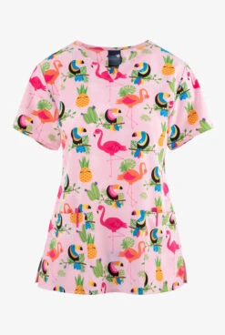 Zoe & Chloe Flamingo Stop Women's 2-Pocket STRETCH Notch Neck Print Scrub Top