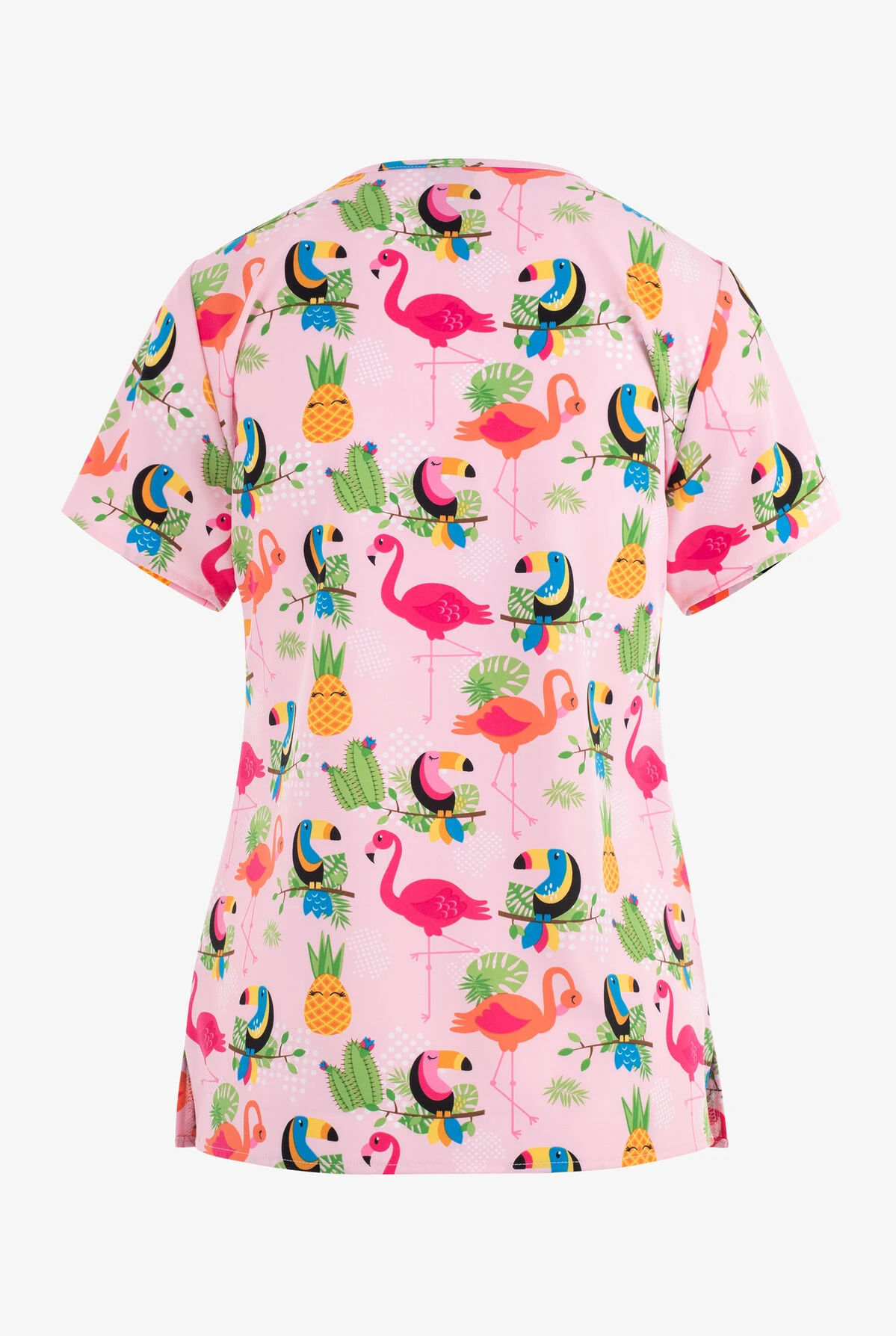 Zoe & Chloe Flamingo Stop Women's 2-Pocket STRETCH Notch Neck Print Scrub Top 4 Zoe & Chloe Flamingo Stop Women's 2-Pocket STRETCH Notch Neck Print Scrub Top - Image 2