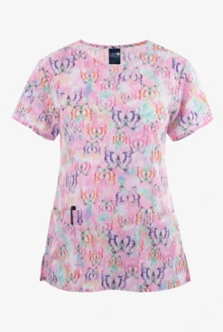 Zoe & Chloe Tie Dye Flight Butterfly Women's 2-Pocket STRETCH Notch Neck Print Scrub Top