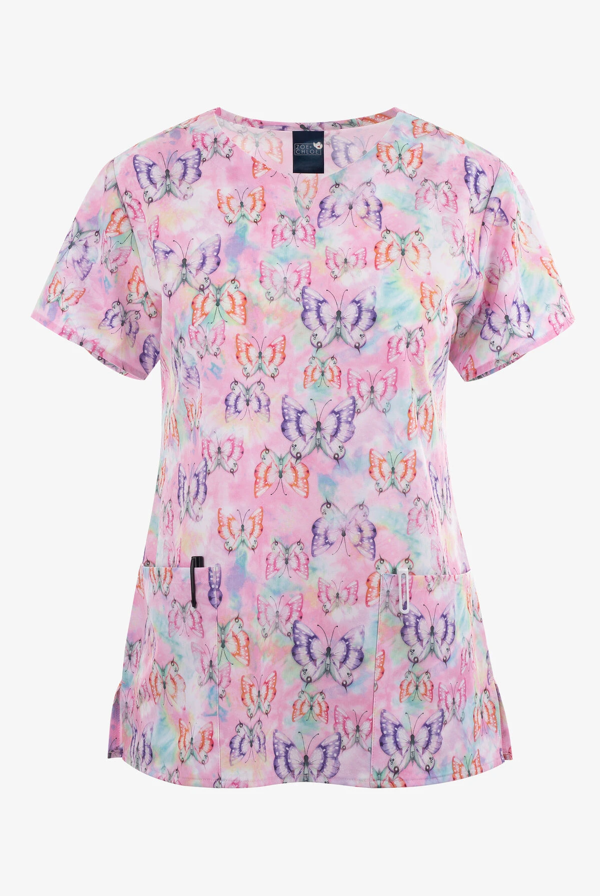 Zoe & Chloe Tie Dye Flight Butterfly Women's 2-Pocket STRETCH Notch Neck Print Scrub Top 3 Zoe & Chloe Tie Dye Flight Butterfly Women's 2-Pocket STRETCH Notch Neck Print Scrub Top