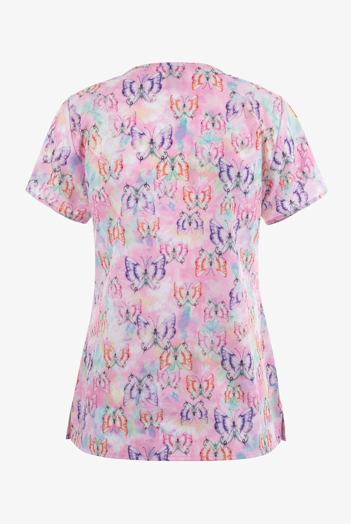 Zoe & Chloe Tie Dye Flight Butterfly Women's 2-Pocket STRETCH Notch Neck Print Scrub Top 4 Zoe & Chloe Tie Dye Flight Butterfly Women's 2-Pocket STRETCH Notch Neck Print Scrub Top - Image 2
