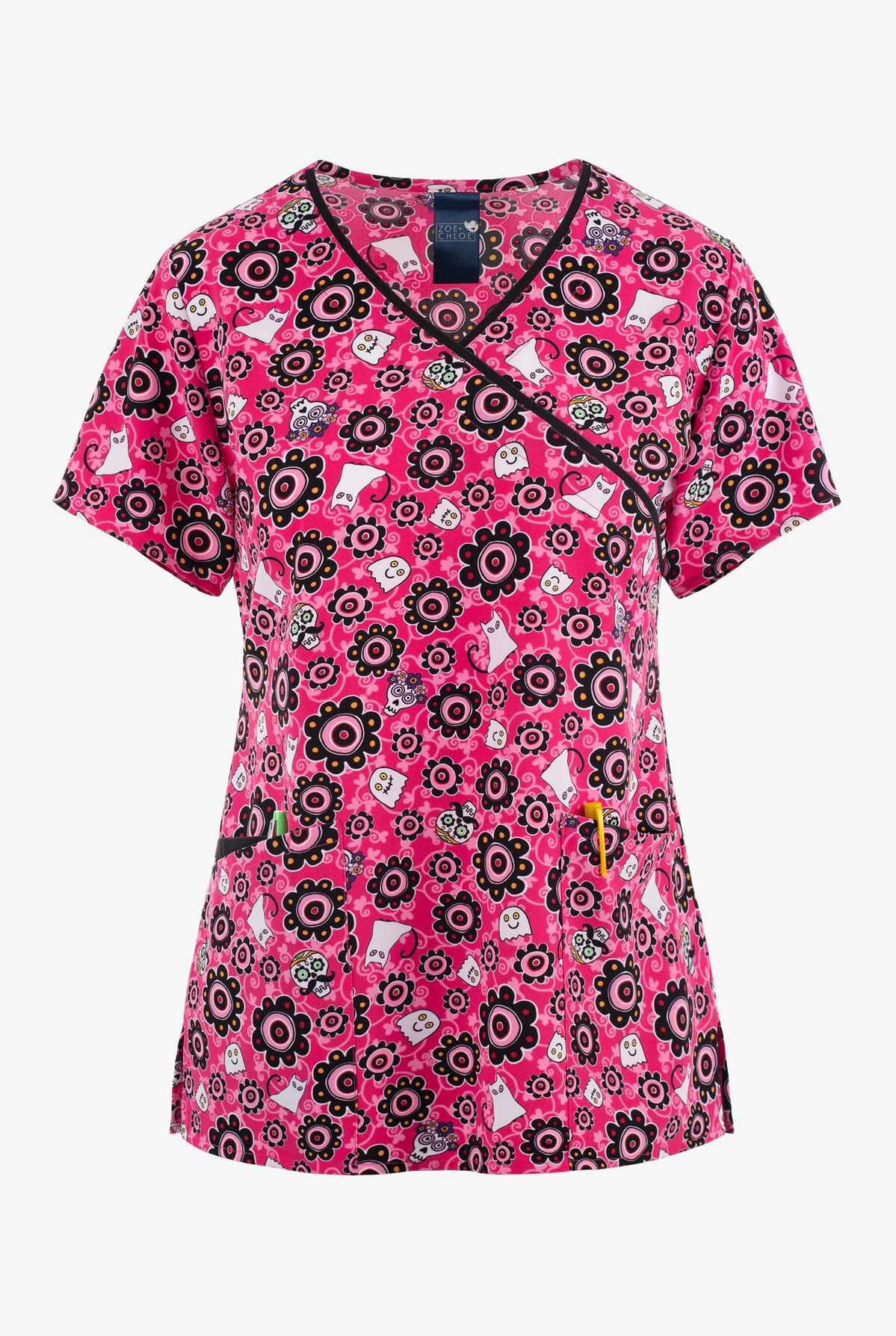 Zoe & Chloe Sugar Boo Ghosts Women's 3-Pocket STRETCH Mock Wrap Print Scrub Top 3 Zoe & Chloe Sugar Boo Ghosts Women's 3-Pocket STRETCH Mock Wrap Print Scrub Top