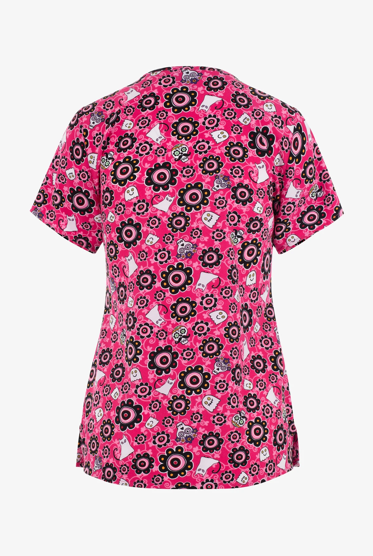 Zoe & Chloe Sugar Boo Ghosts Women's 3-Pocket STRETCH Mock Wrap Print Scrub Top 4 Zoe & Chloe Sugar Boo Ghosts Women's 3-Pocket STRETCH Mock Wrap Print Scrub Top - Image 2