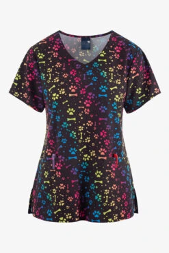 Zoe & Chloe Ombre All Day Paw And Bone Women's 2-Pocket STRETCH V-Neck Print Scrub Top